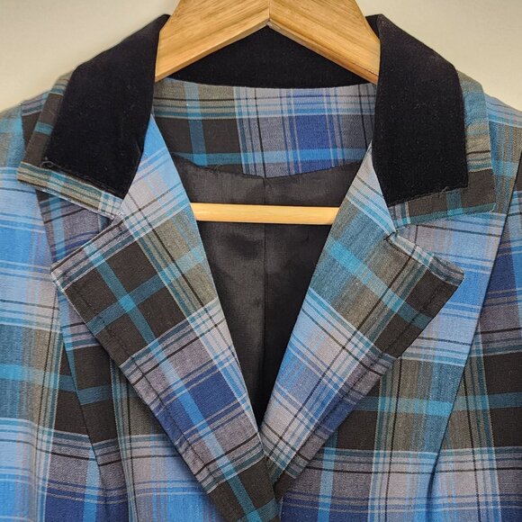 Vtg 60s Blue Shadow Plaid Lightweight Long Coat Black Velvet Collar Union Made - Picture 11 of 15